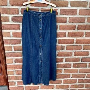Denim maxi skirt with beige cottage core panel in front. Size 8. Party/festival